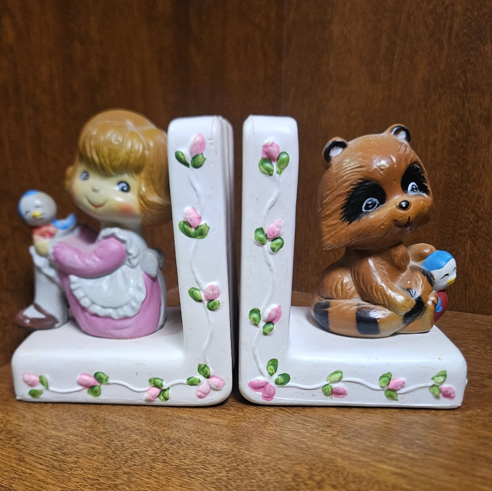 Vintage Child And Woodland Creatures Bookends Made In Hong Kong